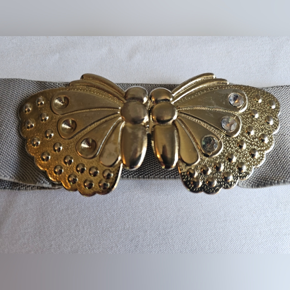 Women's Stretch Butterfly Belt 70's - 80's Grey / Gold Vintage - Picture 6 of 6